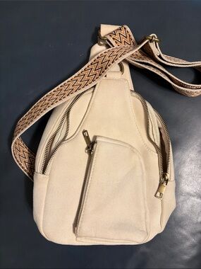 Cream Suede Crossbody Sling Bag with Patterned Strap